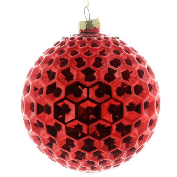 Χριστουγεννιάτικη Γυάλινη Κόκκινη Μπάλα, Ανάγλυφη με Εξάγωνα (8cm)